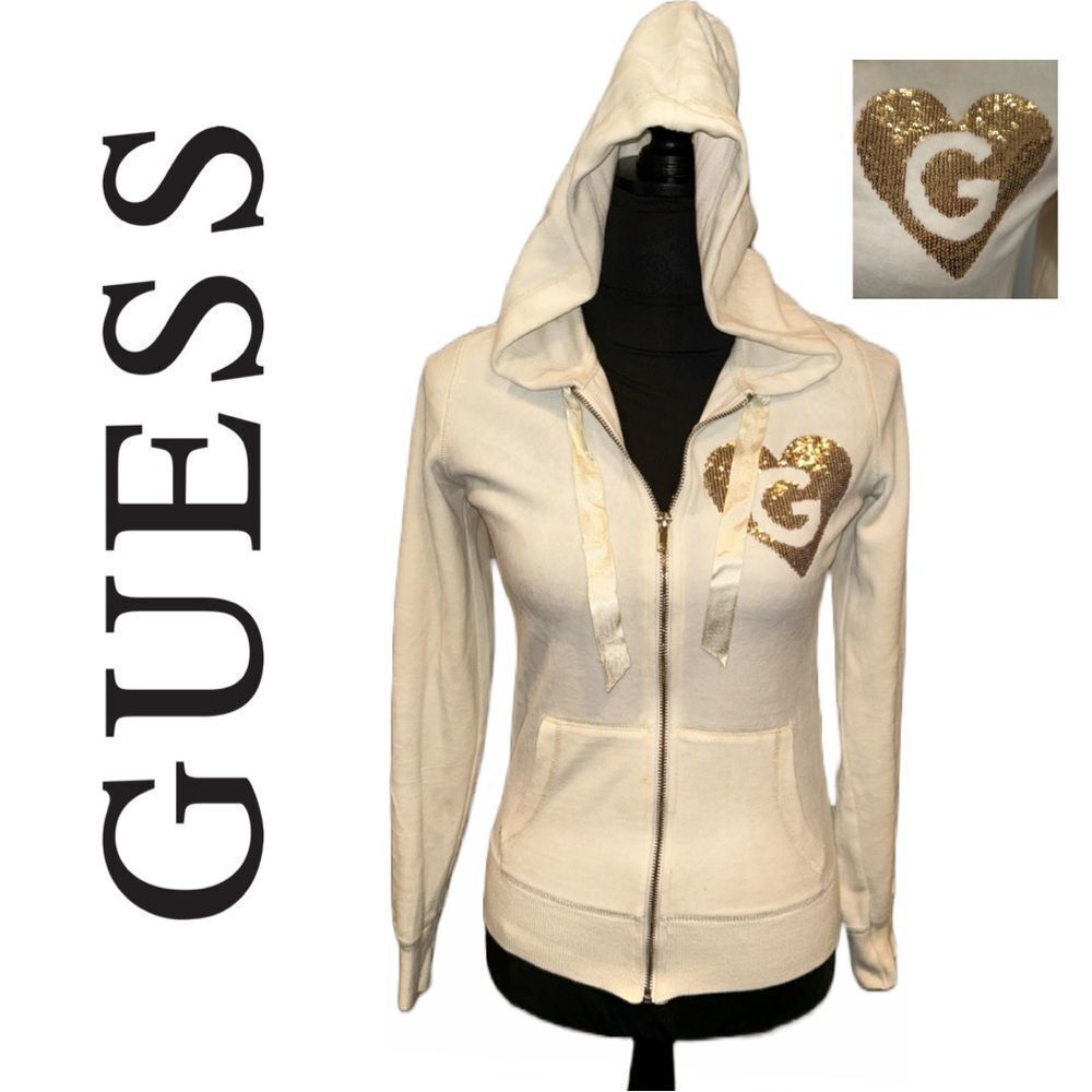 Guess Women’s Cream Velour Zip Front Gold Shimmer Heart Logo - Size S